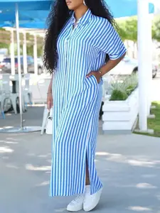 Women's Plus Size Casual Striped Shirt Dress with Pockets Short Sleeve Double Slit Machine Washable Blue & White Vertical Stripes Polyester Fabric Perfect for Everyday Outings Womenswear Summer
