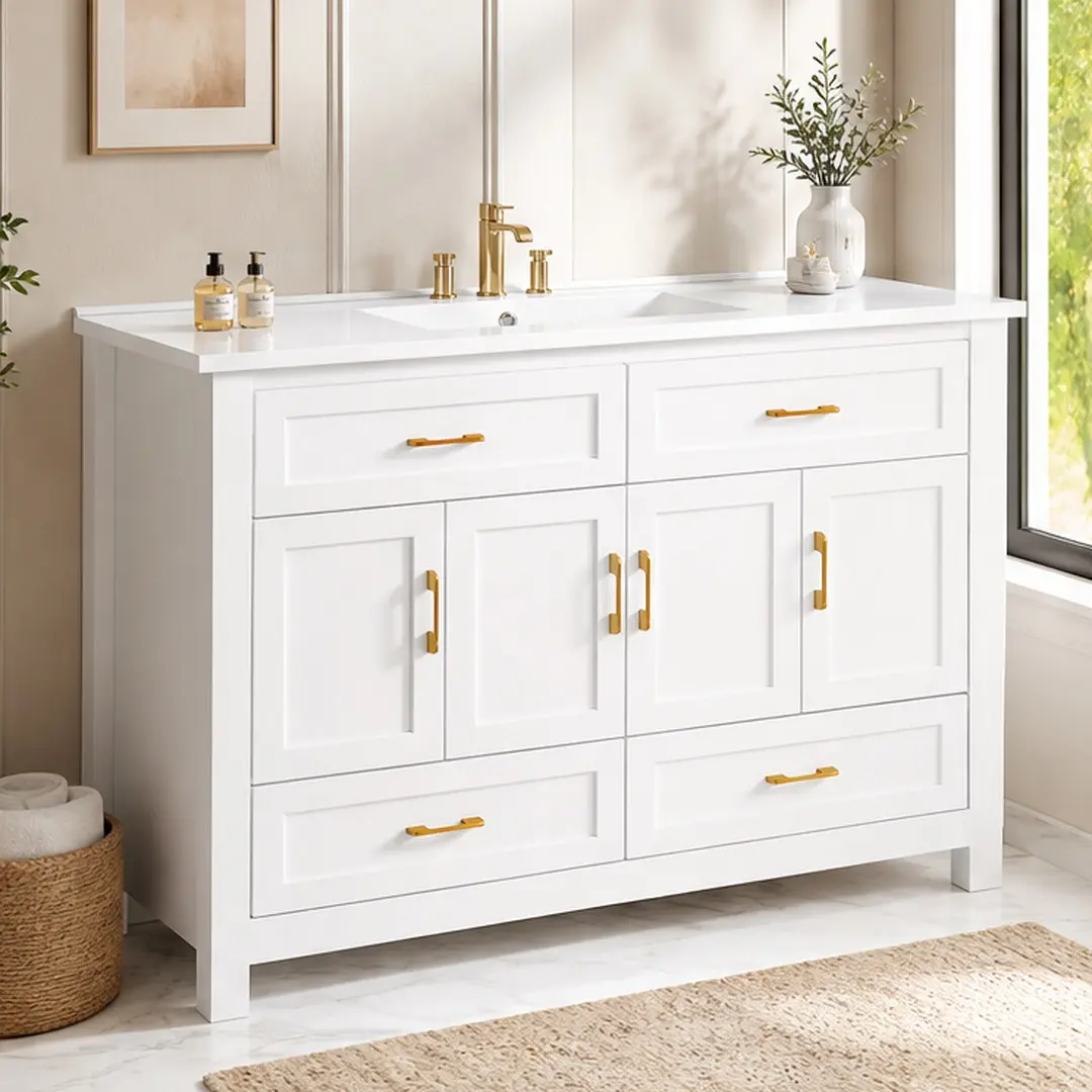 48-Inch White ARCH Single Sink Bathroom Vanity Combo - Floor Standing MDF + Resin Cabinet & Sink, 4 Soft Close Doors, 4 Built-In Storage Drawers Floor Cabinets, Flat-Top, Silent Operation, Easy-to-Clean, Assembly Required