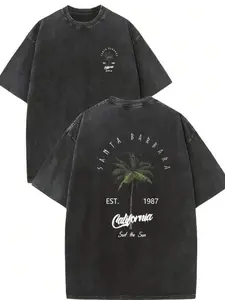 Unisex 100% Cotton Washed Vintage California Surf T-Shirt, Santa Barbara Palm Tree Graphic Tee