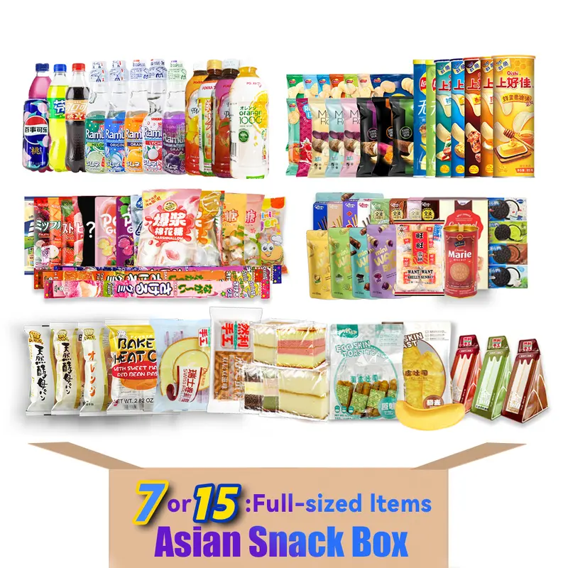 Asian Snack Box | 7 or 15 Full-Size Japanese Korean Chinese Snacks & Drinks Dessert Candy