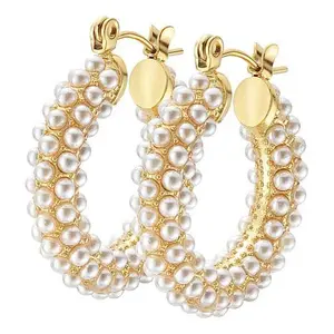 Stately Steel Small Faux Pearl Hoop Earrings