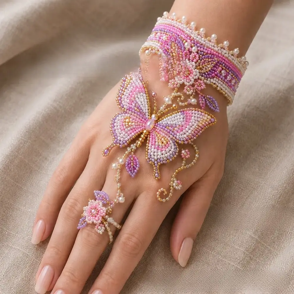DIY Beaded Butterfly Hand Bracelet Kit, Hand Harness Slave Bracelet With Finger Ring Making Supplies, Crystal Seed Beads Craft Kit, Boho Hand Chain Jewelry Making Set for Women Girls, Handmade Jewelry Decor Gift