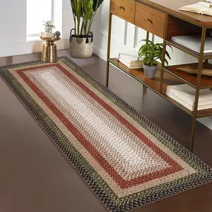 Garvee 2x10 Long Hallway Runner Rug with Braided Print, Rubber Backing, Washable Farmhouse Style Runner Carpet, Rustic Accent for Living Room, Bedroom, Bathroom in Crimson and Earthy Tones