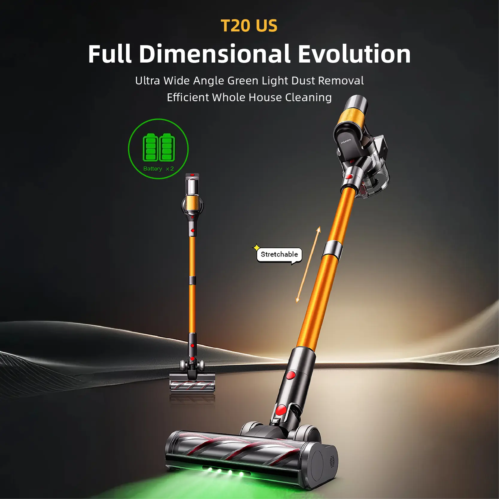 Puppyoo T20 Cordless Vacuum Cleaner, 190AW Powerful Suction, 51 Mins Runtime, Green Light Dust Reveal, 0.8L Washable Dust Cup, Retractable Metal Pole, for Hard Floors & Carpets