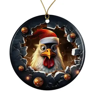 Crazy Chicken Santa Ceramic Ornament - Breakthrough 3D Effect Burst Illusion Kids Ornament - 3 Inch Christmas Tree Round Ornament - Xmas Holiday Decor - String Included - ORNW0084