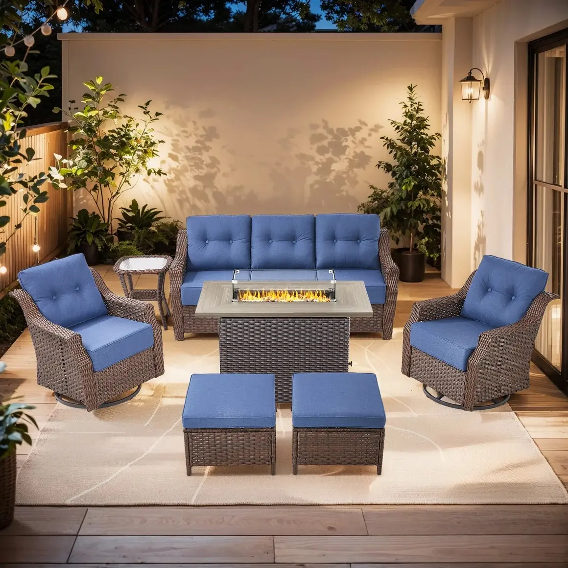Belord 7-Piece Wicker Swivel Glider Sofa & Fire Pit Table Set, Brown Wicker - Blue Cushions, OVOLO Series