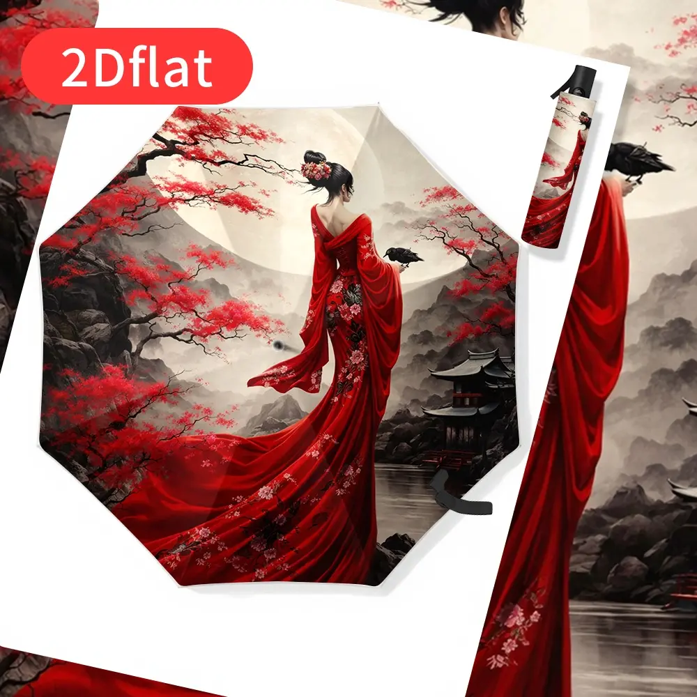 Automatic Open/Close Umbrella with Japanese Geisha Design – Red Kimono and Cherry Blossoms, Compact Folding Umbrella, Sturdy 8-Rib Frame, Windproof for Travel, Photography, and Themed Events – Elegant Japanese Decor –