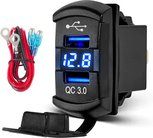 QC Dual USB3.0  Charger Port Rocker  Style, 12V-24V  USB Socket with Blue LED Voltmeter, Universal Fast Charge USB Replacement for Marine Toggle  Panel on Boat  RV