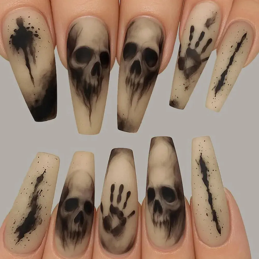 24pc Halloween Skeleton Press On Nails Black Matte Coffin Ballet Horror Nails