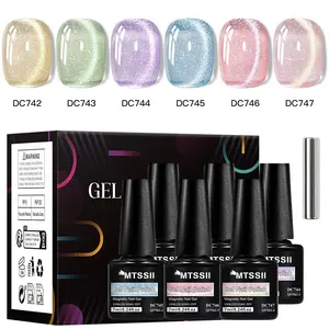 MTSSII 7pcs Spring Cat Eye Gel Nail Polish Set, Salon, Nail Art Shimmer Glitter Gel Polish Set Soak Off LED UV Curing Requires Silver Pink Blue Green Velvet Gel with Magnet Gift for Women Manicure Spring Nail
