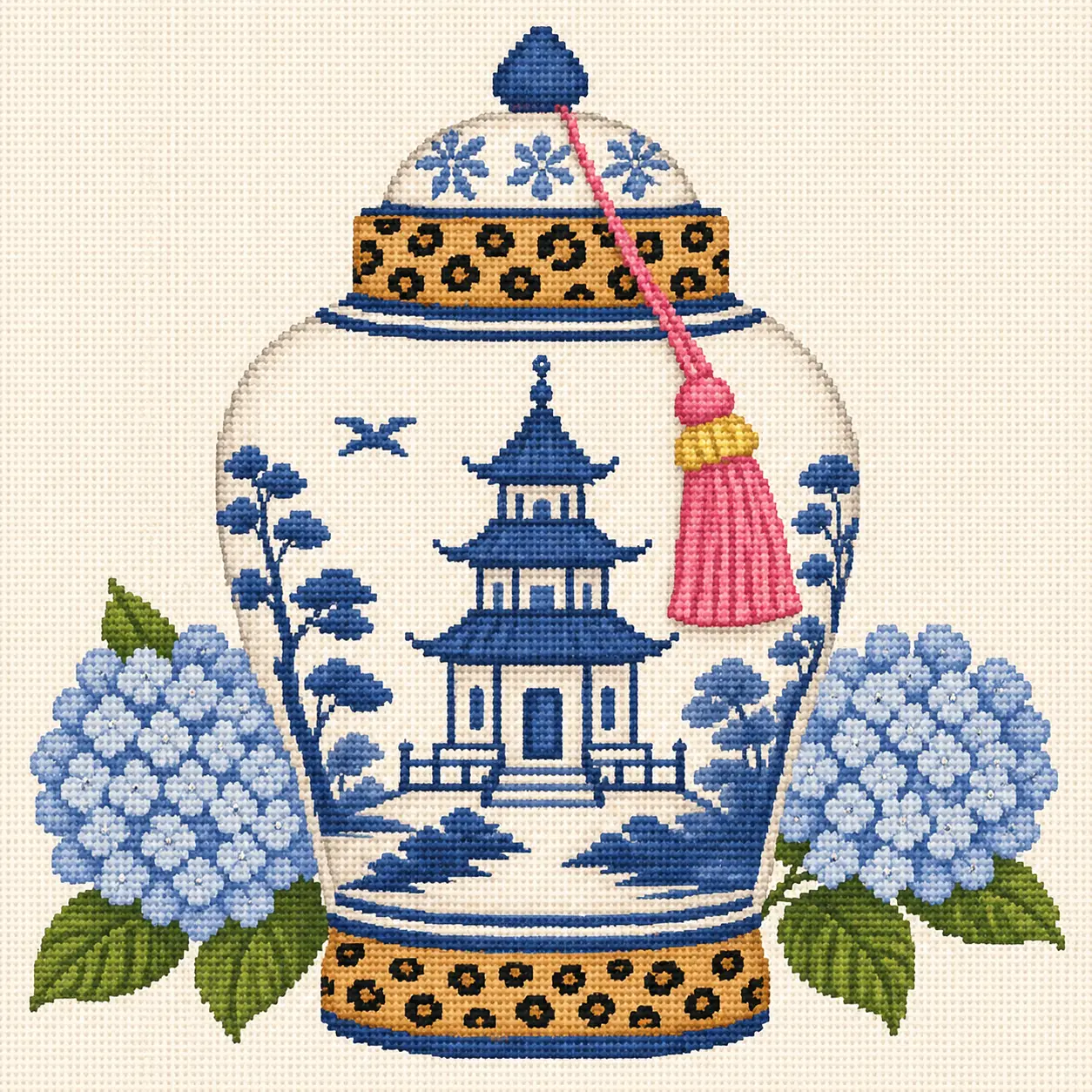 Tassel Ginger Jar Printed Needlepoint Canvas