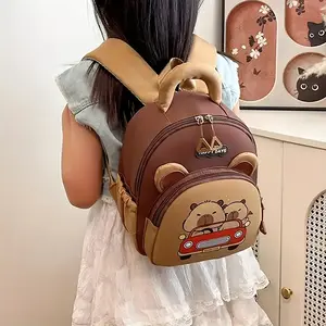 Women's Cute Capybara Print Small Nylon Daypack Backpack, Zipper Closure Softshell Bag with Happy Days Graphic in Brown & Blue, Ideal Birthday & Valentine，Daily & Travel Backpack