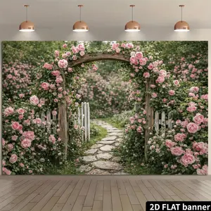 2D Flat Garden-Themed Backdrop Suitable for Indoor/Outdoor - White Arch with Pink Roses & Green Vines Picket Fence Panels with Birdhouse Spring Summer Fall Decoration for Wedding  Durable Wall Paneling 2D Flat