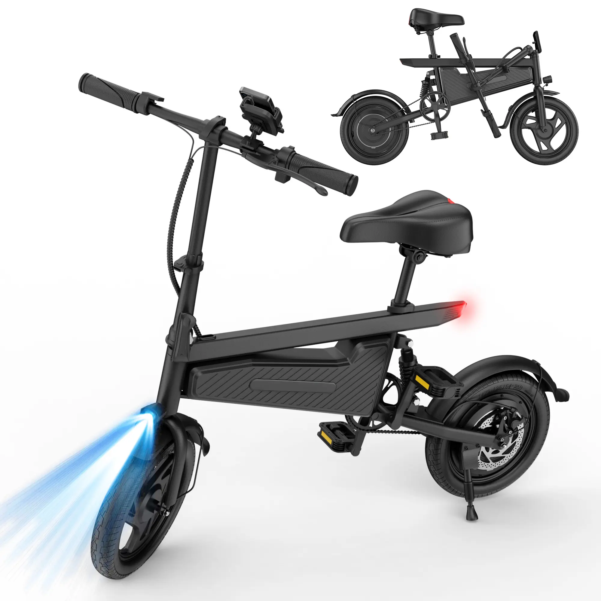 14" Foldable Electric Bike for Adults & Teens 22-28 Miles Range 350W Motor 48V 5.2-9Ah Battery Lightweight Dual Brakes Phone Holder