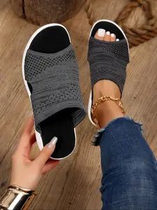 Women's Fashionable Knitted Design Slide Sandals, Casual Comfortable Flat Sandals for Beach, Fashionable Shoes for Daily Wear, Wide Fit, Beach Slides Sandals