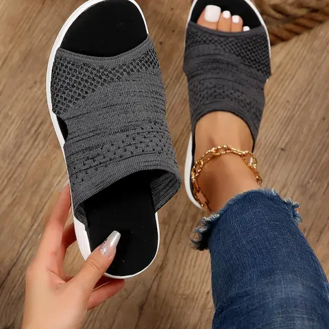 Women's Fashionable Knitted Design Slide Sandals, Casual Comfortable Flat Sandals for Beach, Fashionable Shoes for Daily Wear, Wide Fit, Beach Slides Sandals