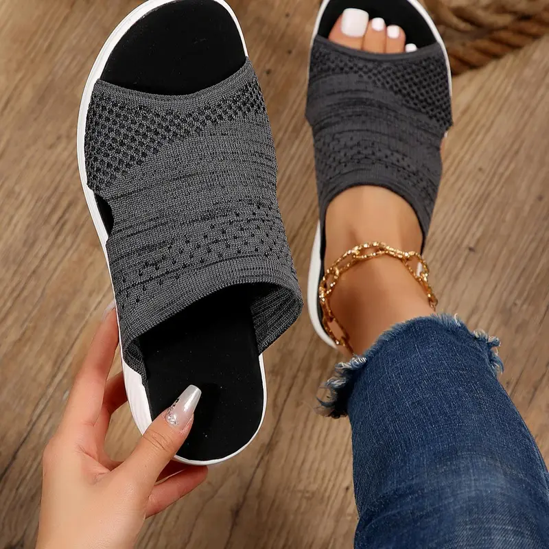 Women's Fashionable Knitted Design Slide Sandals, Casual Comfortable Flat Sandals for Beach, Fashionable Shoes for Daily Wear, Wide Fit, Beach Slides Sandals