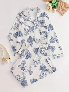 【Plus Size】 All Over Print Pajama Two-piece Set, Long Sleeve Button Top & Pants Pj Set, Women's Sleepwear & Loungewear for Spring & Fall