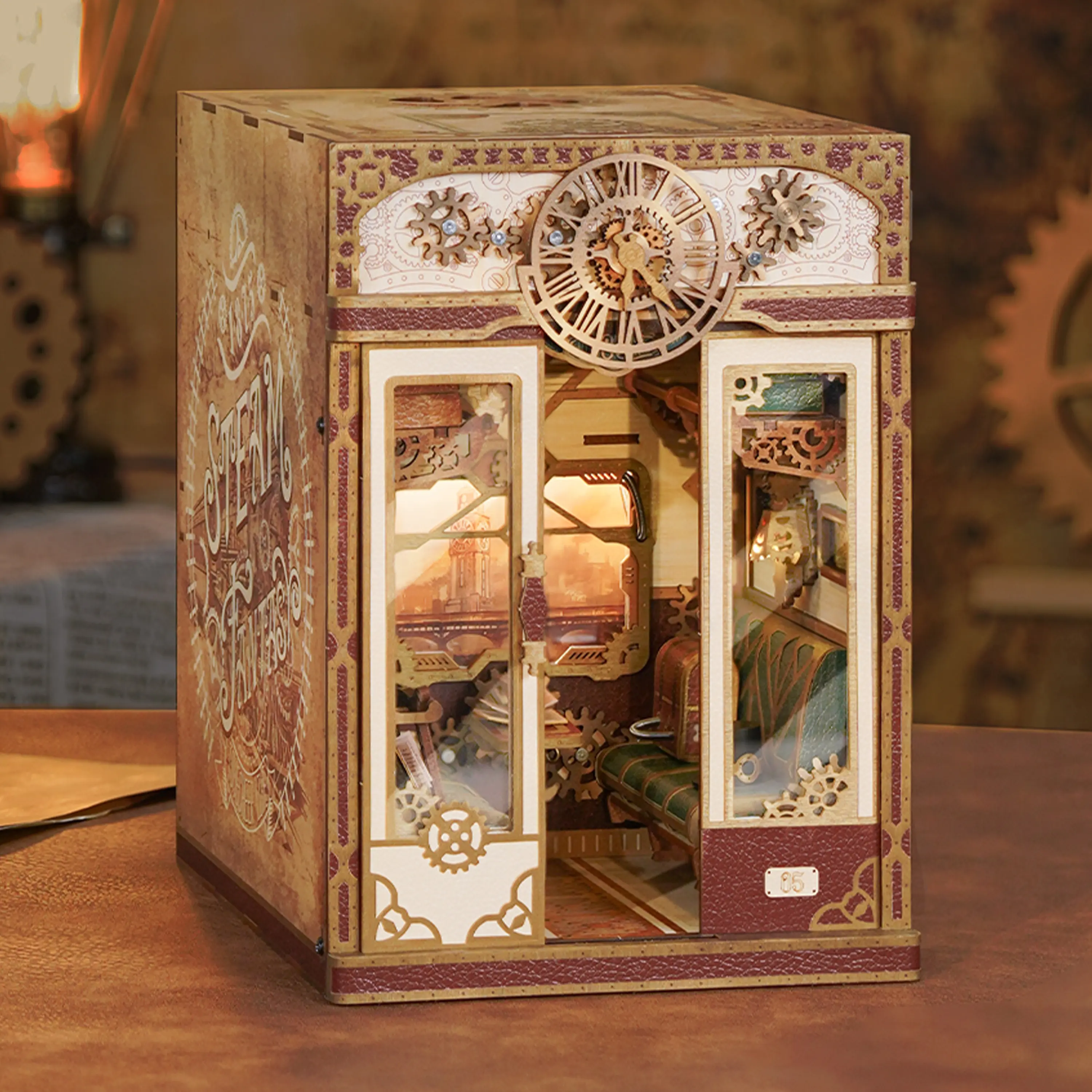 Tonecheer DIY Wooden 3D Puzzle Book Nook Kit - Steam Age Vintage Infinity Train Cabin Carriage Miniature Set with Furniture, Adult Decorative Bookend, Dress Up Doll Playhouse, DIY Wooden Craft Projects Gift (Steam Fantasy)