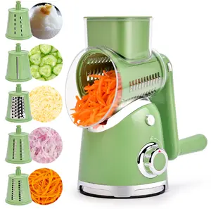 SUSTEAS New Rotary Cheese Grater with Handle, Vegetable Food Shredder with 5 Well-designed Blades & Strong Suction Base, Round Mandoline Slicer & Fruit Slicer for Kitchen