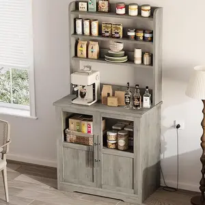 6-Tier Kitchen Bakers Rack With Power Outlet Microwave Stand Bakers Rack With Storage Cabinet Farmhouse Small Kitchen Pantry Hutch With Door Thickened Counter, Coffee Bar Storage Shelves