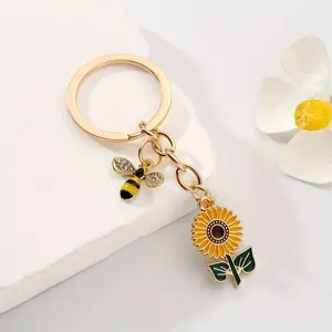 1pc Adorable Sunflower Bee Keyring Pendant Creative Alloy Drip-Style Keyring Multifunctional Backpack Accessory & Car Storage Bag Friendly Commemorative Gift