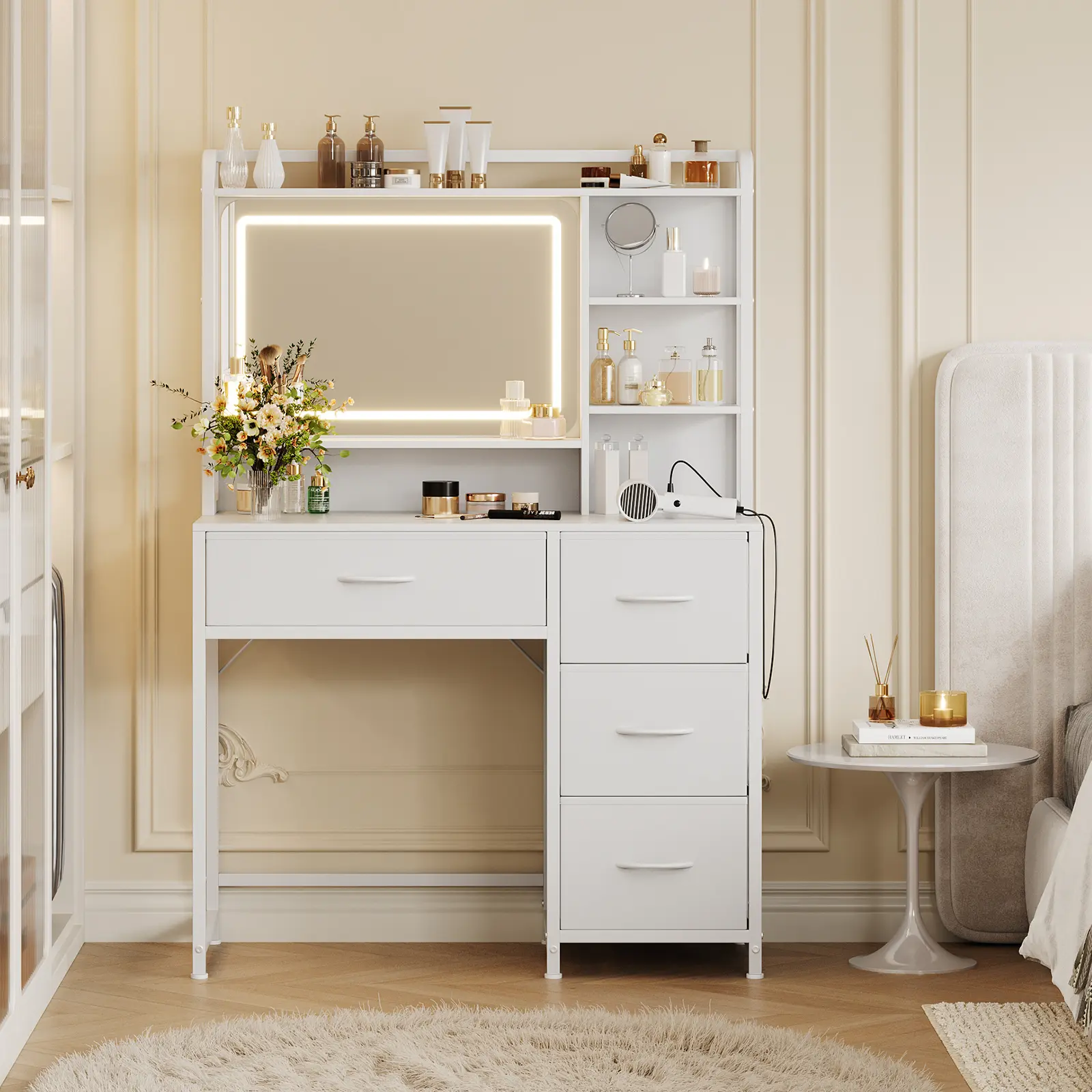 Vanity Desk with LED Light and Mirror, 35.4" Wooden Makeup Dressing Table, 4 Fabric Drawers & Open Storage Shelves, Compact Scandi-Modern Bedroom Vanity Table for Girls Women Small Space Apartment Dorm