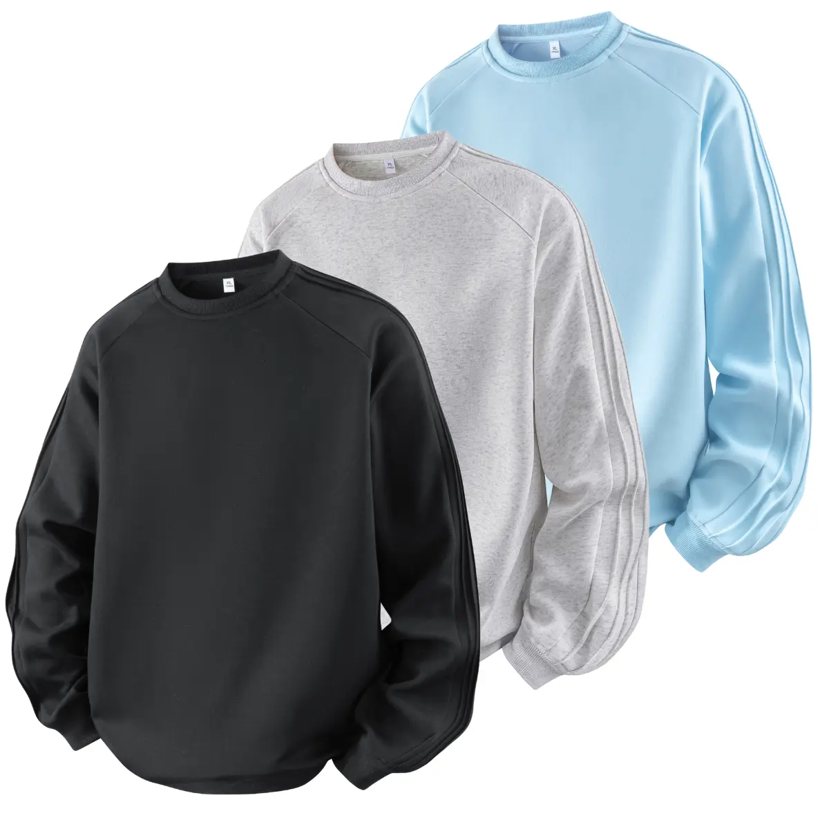 Men's Preppy Casual Long-Sleeve Crew Neck Polyester Pullover Sweatshirt - Fitted Classic Plain Stylish Tops, Raglan Sleeve Ease, Thick Stripe Details (Preppy Hoodies & Sweatshirts for Menswear Basics)