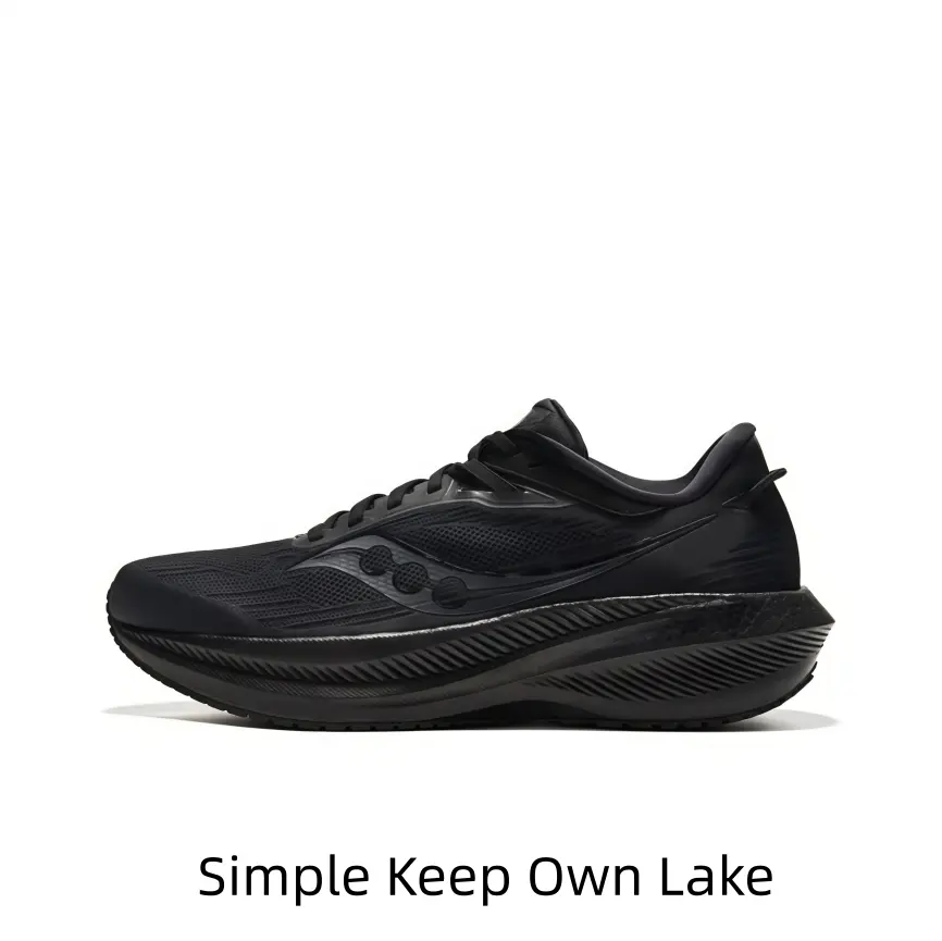 Dark sleek speed running sneakers with ventilated knit upper, sculpted layered shock-absorb midsole, perfect for runners who love low-key all-black athletic street fashion