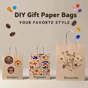 100 Pcs Custom Handmade Kraft Paper Bags Unique Gift Packaging with Logo Stickers，Brown Paper Bag for Party, Favor, Goodie, Grocery, Shopping