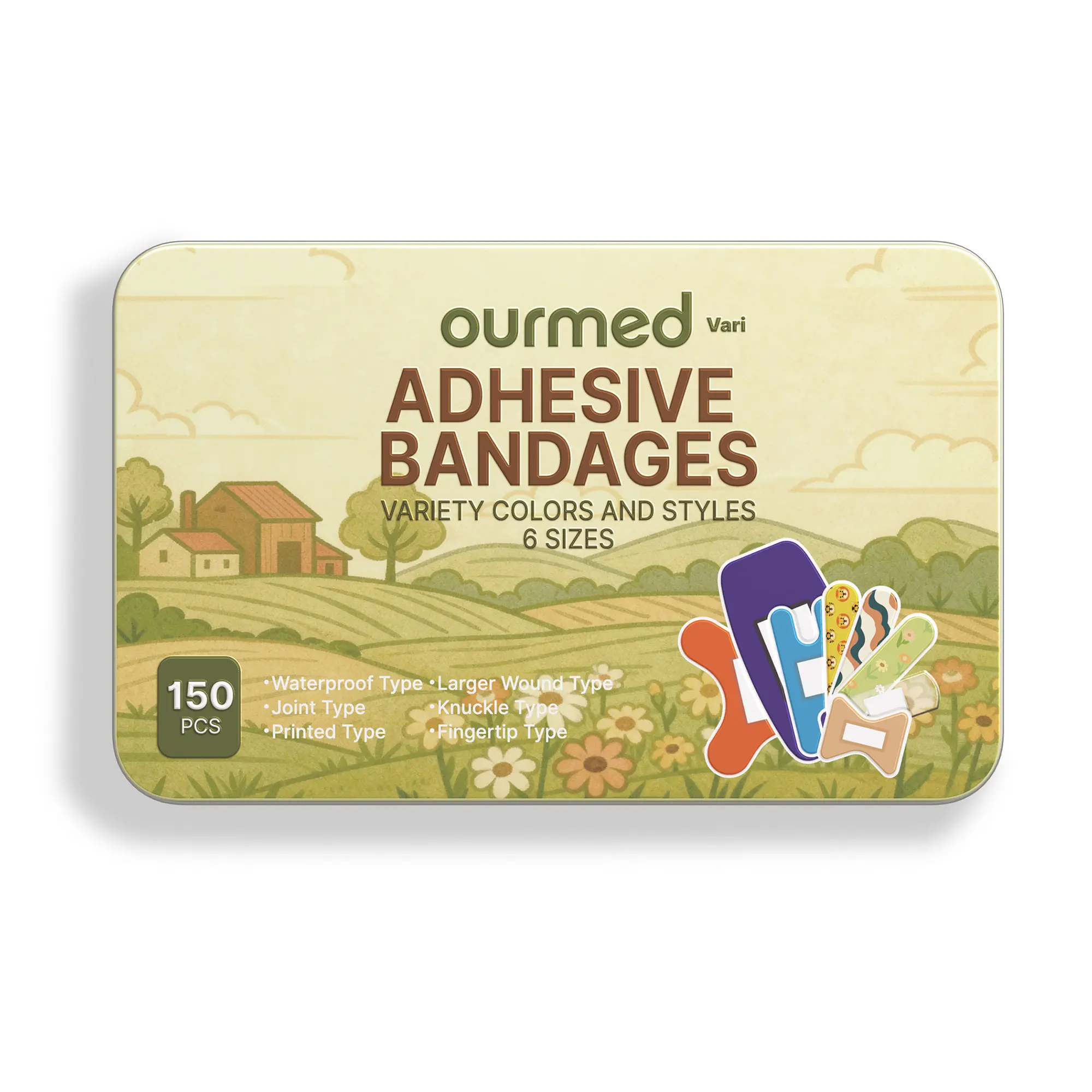 Ourmed Unisex Multi-Pack Assorted Adhesive Bandages in Tin Box - 150 Count, Flexible Fabric, Waterproof, Highly Absorbent, Assorted Sizes & Types, Prop 65 Safe First-Aid Plasters for Daily Use, Minor Cuts, Knees