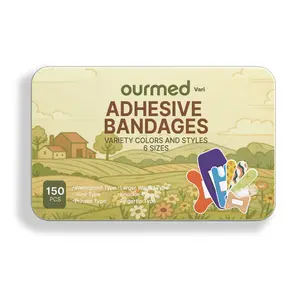 Ourmed Assorted Adhesive Bandages in Tin Box, Flexible Fabric and Waterproof, Assorted Sizes and Types, for First-Aid, Wound, Minor Cuts, Fingers and Knees, 150 Count
