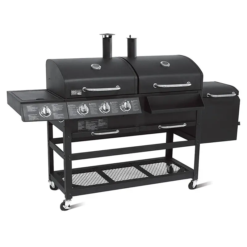 3-in-1 Gas & Charcoal Combo Grill with Offset Smoker, Dual-Lid Outdoor BBQ Grill with Side Burner, Thermometers & Wheels