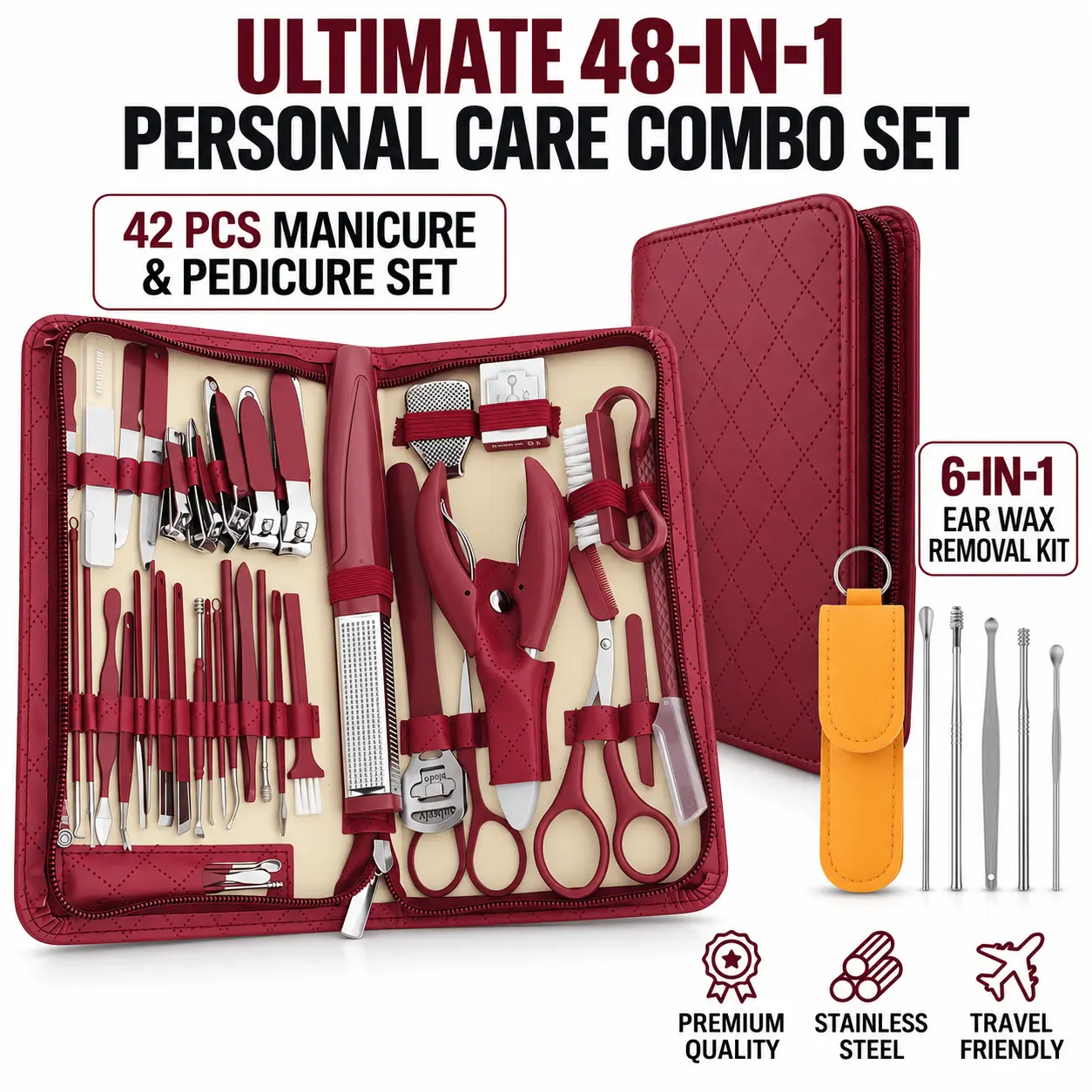 48pcs Manicure-Pedicure Tool Set - Professional Stainless Steel Nail Clippers, Ear Cleaning Tools, Portable Travel Grooming Kit for Hand-Foot Care, Ideal Gift for Adults, 48Pcs (42-Piece Nail Care Set + 6-Piece Earwax Rem