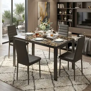 Modern 5-Piece Dining Table Set, Tempered Glass Top Dinner Table with 4 High Back PU Leather Chairs, Stable Metal Frame Dining Furniture for Kitchen Living Room Home Dining Space