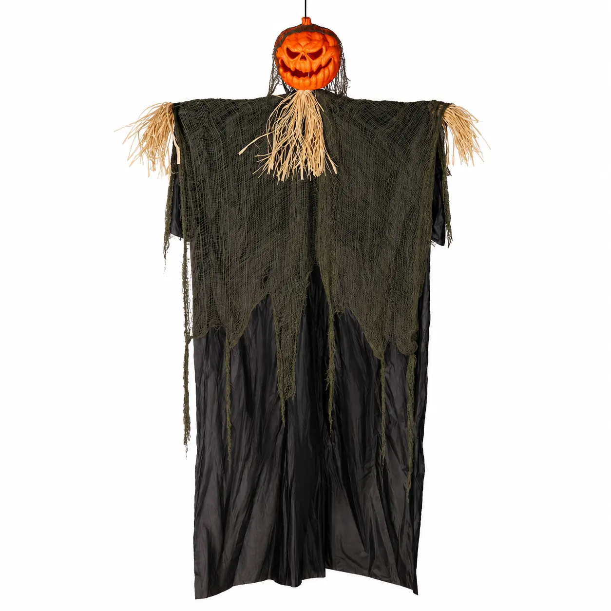 Hanging Pumpkin Head Scarecrow – Halloween Decoration with Straw Collar & Tattered Robe