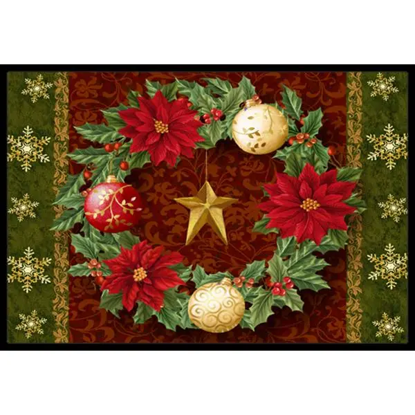212 MAIN Felt Print Christmas Ornaments Rug, 24x36 in, Rubber Backing, Holly Wreath Design, Indoor-Outdoor Household Carpet