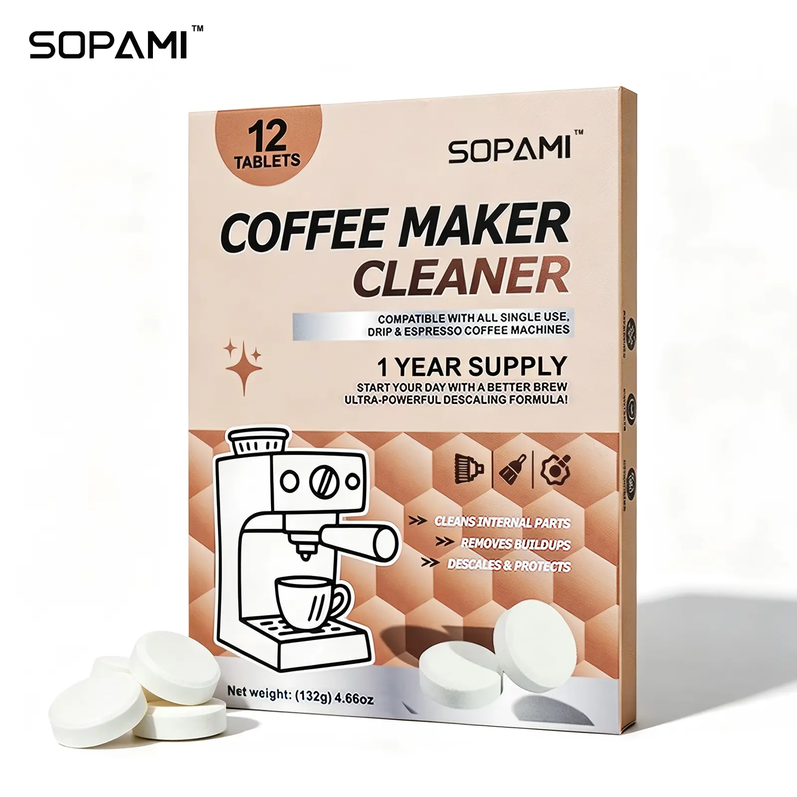 SOPAMI 12 Count Coffee Maker Cleaner Tablets featuring professional descaling and deodorizing formula it gently removes limescale and dirt suitable for fully automatic, semi-automatic, espresso and capsule coffee machines