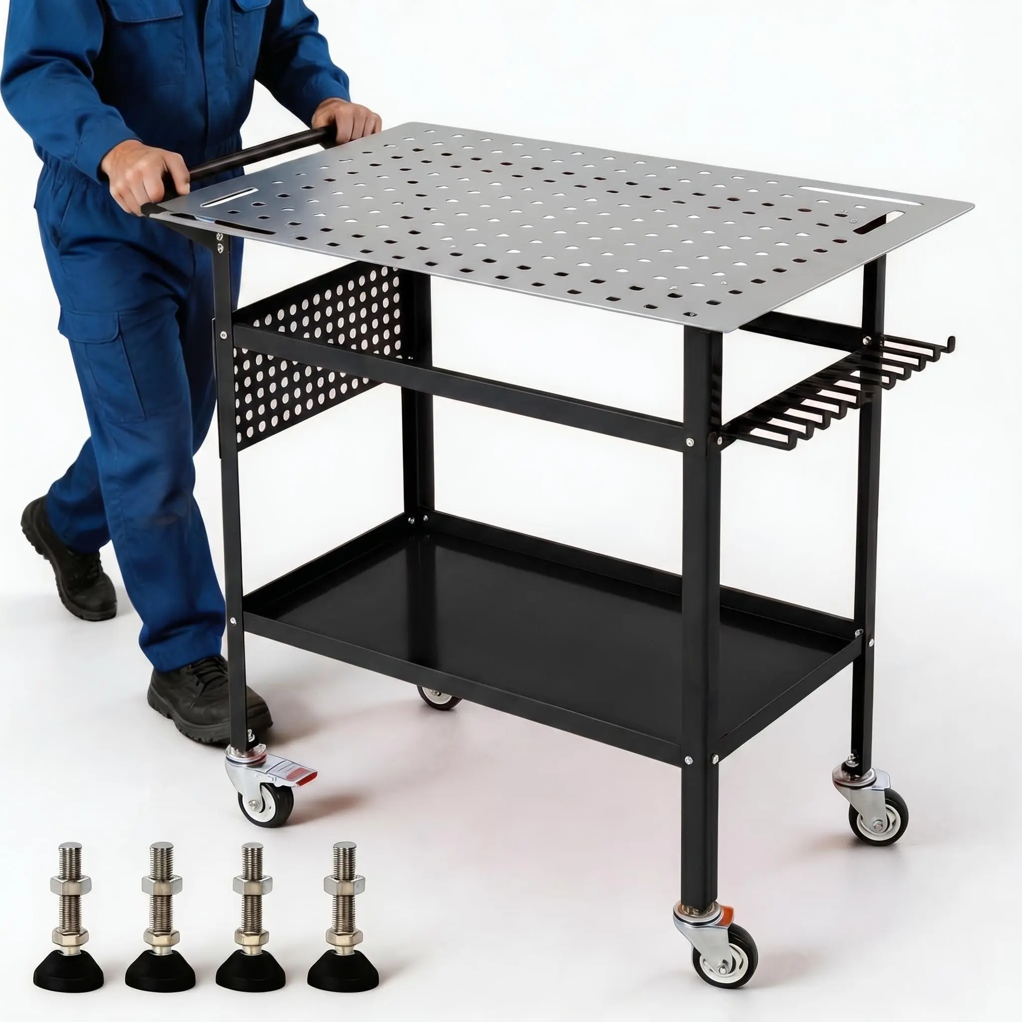 Gaomon Rectangular 36"x24" Carbon Steel Welding Workbench, 800LBS Capacity, Portable Casters (2 Swivel, 2 Fixed), Side Pegboard, Hooks, Storage Tray, 5/8" Locating Holes & Hole Pattern