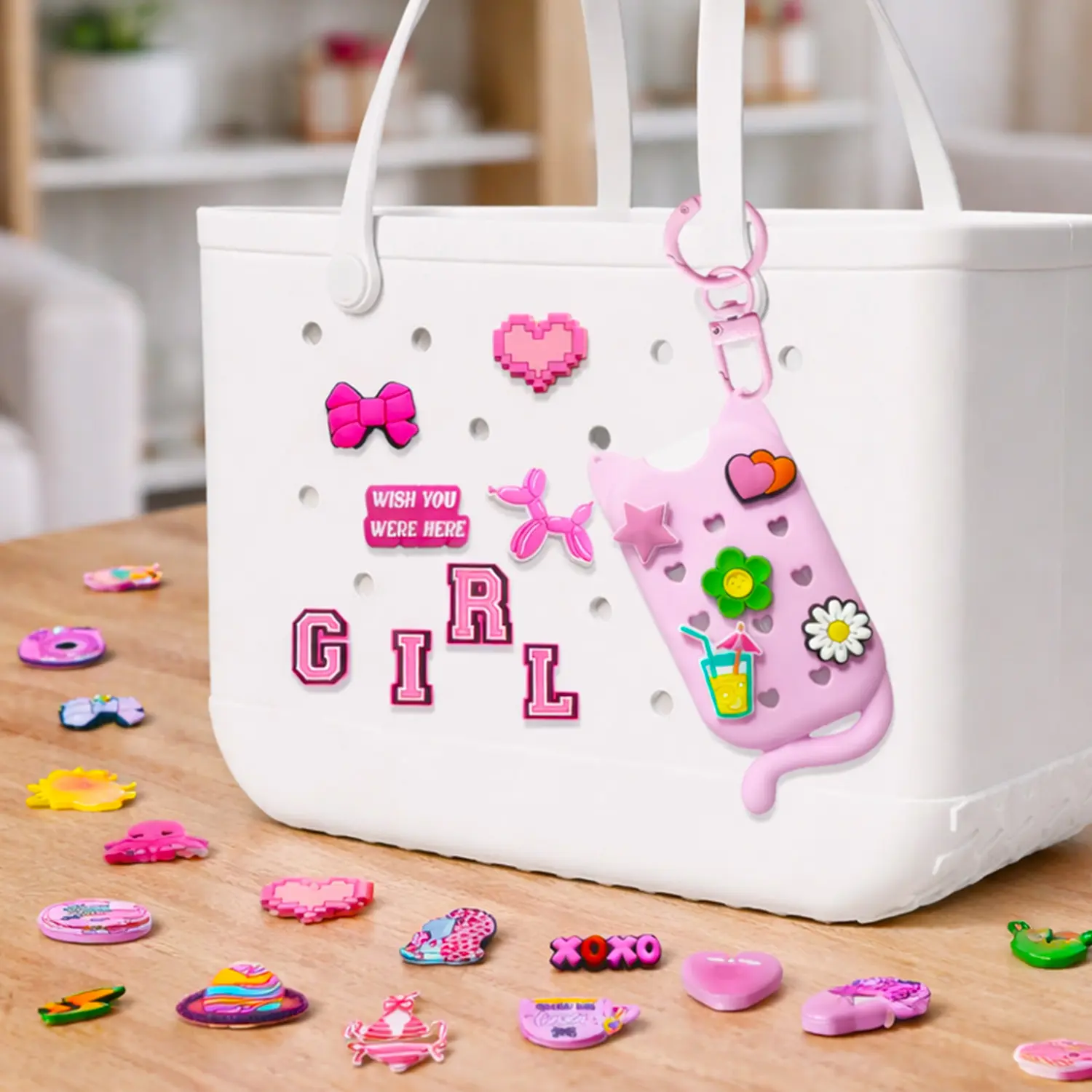 Cute Cat Travel Hand Sanitizer Spray Case - Touchland Compatible for 1 FL Oz/30ML Power Mist & Glow Mist, Single Item with 68 DIY Charms & Keychain (Home Supplies Accessory)