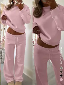 Women's Fall & Winter Long Sleeve Pants Set, Womenswear Casual Fitted H-Type Plain Design, European & American Style, Cross-Border Fashion