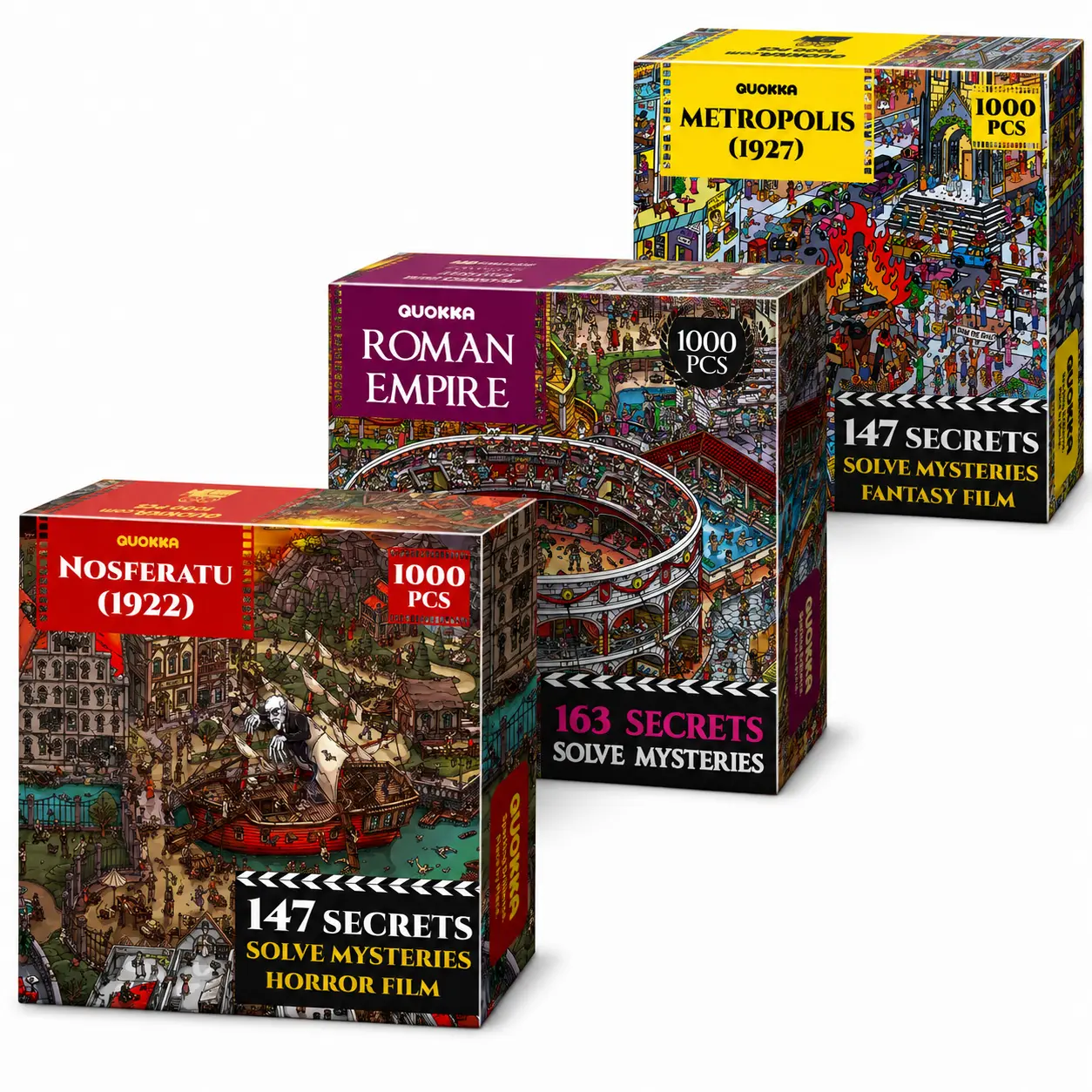 QUOKKA 3x1000 Piece Jigsaw Puzzle Bundle Set for Adults - Puzzles for Adults with Hidden Mysteries, Secret Challenges, Horror Sci-Fi, Roman Empire Themes