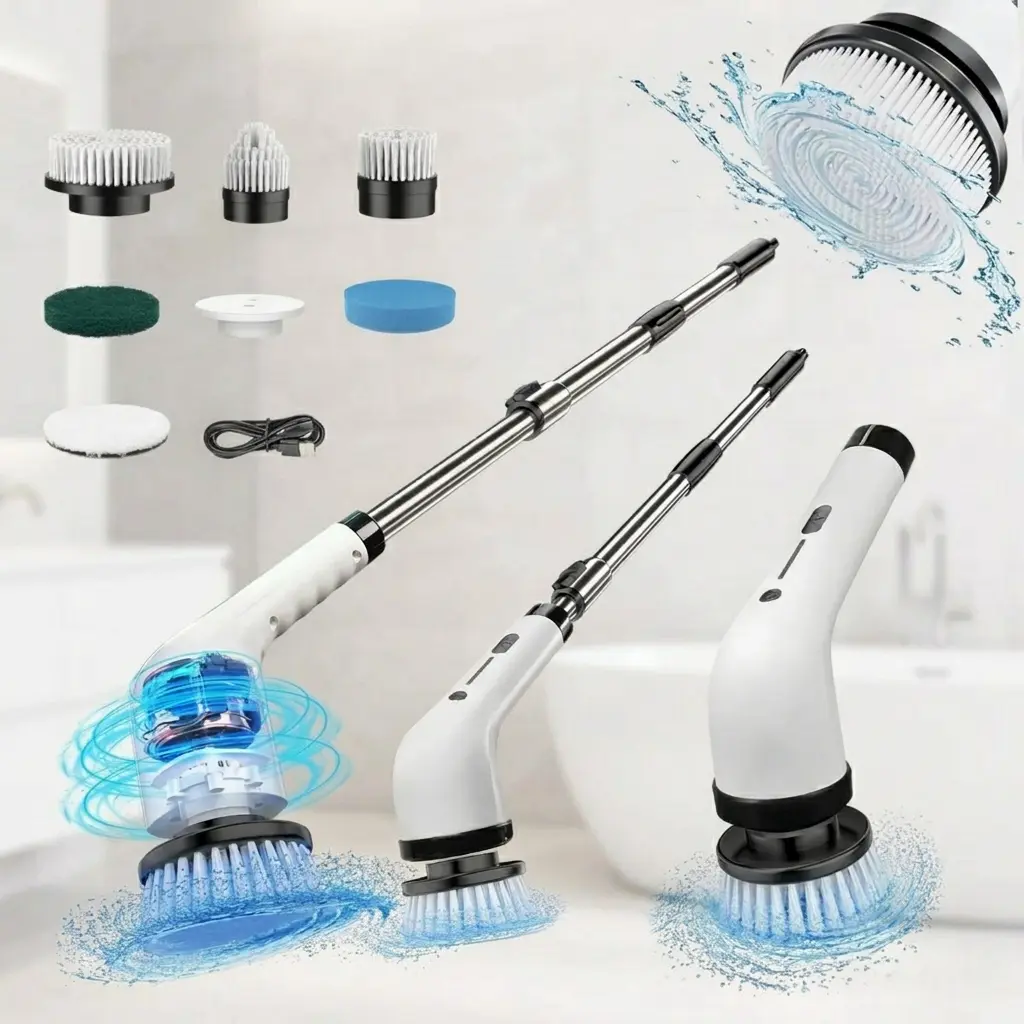 Cordless Electric Spin Cleaning Brush for Parents, 9-in-1 with 9 Brush Pads, USB-C Charge, 3-4 Hours Runtime, 90-Min Quick Charge, Extendable Handle, Dual Speed Modes, Back Pain Relief for Porcelain Bathroom Tub Tile & Kitchen Cleaning, Extendable Pole