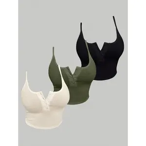 Women'sKnitPolyesterTankTopsSet-3pcsSetwithButtonDetail,CasualSolidColor,95%Polyester5%Elastane,All-SeasonSpaghettiStrapTopstanktopstubetopswesternoutfitswomenbabydolltopscroptopsshouldertop