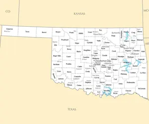 Map of Oklahoma OK - County Map with selected Cities and Towns - Peel and Stick Wall Decal