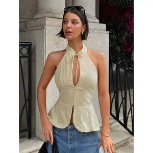 Women’s summer retro backless camisole, slim-fit shoulder style, fashionable casual commuter fashion