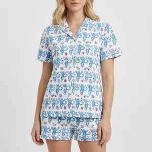 Blue Monkey Print Pajama Set for Women – Cute Button Down Short Sleeve Sleepwear with Shorts