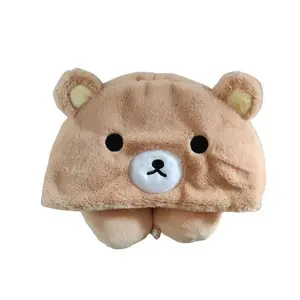 Cute Rilakkuma Plush U-Shaped Pillow Cartoon Bear Car Travel Hood Portable Warm Sleeping Comfortable Neck Pillow Plush Doll Gift
