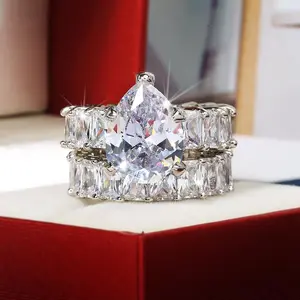 6CT All Synthetic Moissanite  Pear Cut 2 Count Set Luxury Stackable Ring D Color VVS1 Clarity Hypoallergenic Band for Women Wedding Engagement Birthday Gift Anniversary Prom Party Holiday Date Casual Bling Iced G0 A005  S0