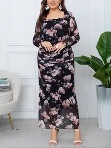 Middle Eastern Plus Size French Style Floral Cheongsam Dress, Square Neck Mesh Long Sleeve Ruched Waist, Split Hem Party Dress